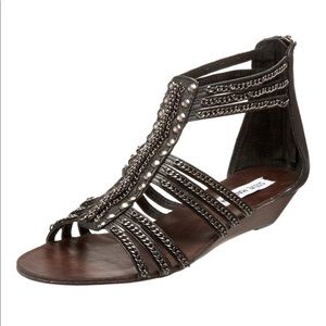 Steve Madden Cabezza Black leather silver chain stud detail wedge ankle sandals